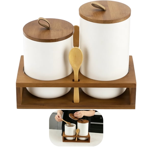 2 Pcs Ceramic Coffee Bean Storage Canisters, 33.8 oz and 27.1 oz Food Storage Jars with Airtight Wood Lids, Wooden Rack and Spoons, Sugar Container for Kitchen Tea Flour Nuts