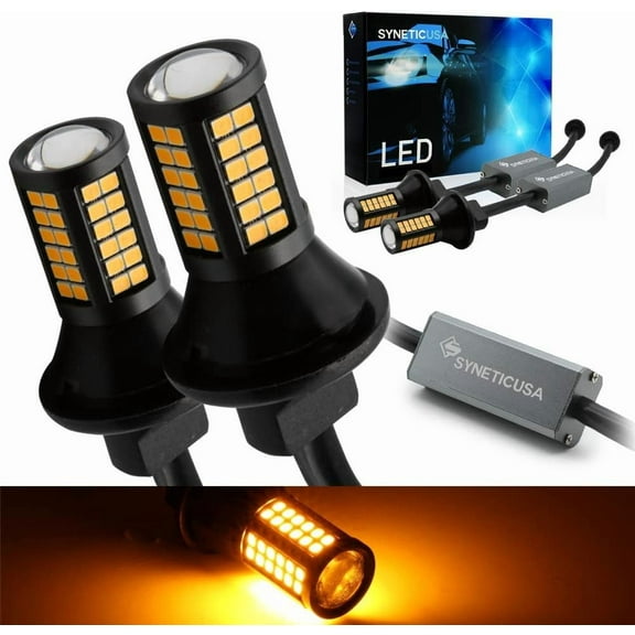 Syneticusa 3157 Error Free Canbus Ready Yellow/Amber LED Front/Rear Turn Signal Light Bulbs DRL Parking Lamp No Hyper Flash All in One With Built-In Resistors