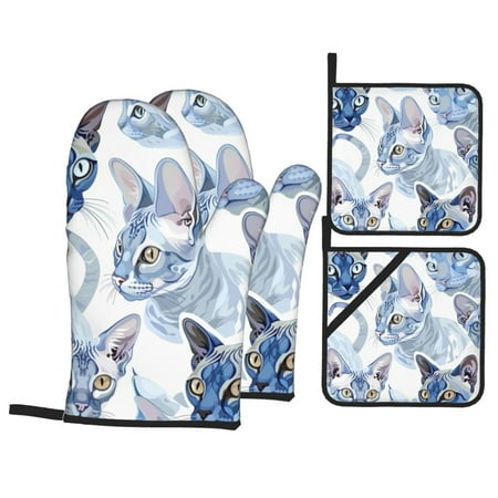 

Oven Mitts and Pot Holders 4 Piece Blue Cats Illustration Pattern High Heat Slip Resistant Oven Mitt and Trivets Set Kitchen Oven Glove Pot Holders for Cooking Baking Grilling