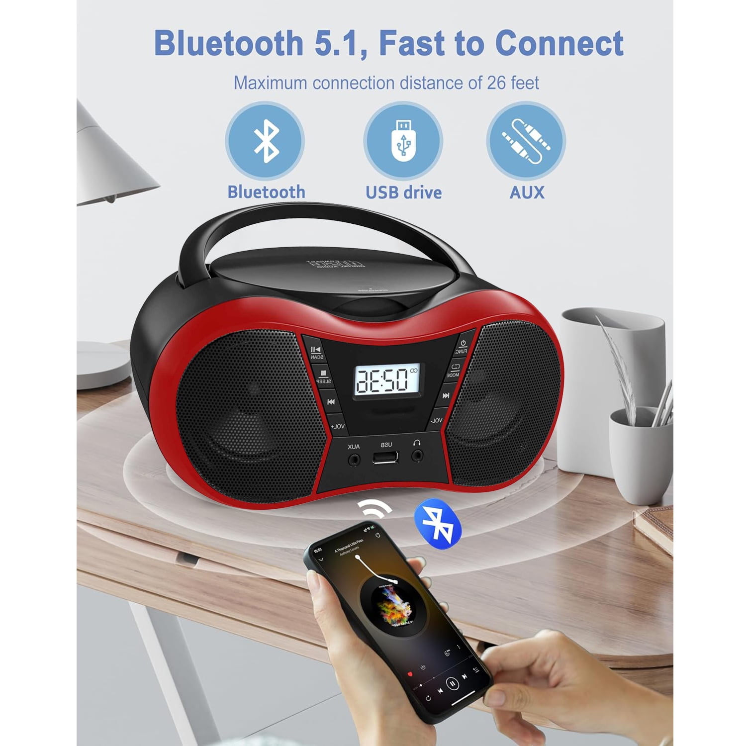 Portable CD Player Boombox with FM Radio,Bluetooth 5.1,Clear Sound,LCD Display,USB/AUX Input,AC/Battery Powered,CD/CD-R/CD-RW Compatible,3.5mm Headphone Jack,Sleep Timer for Home,Seniors,Kids Red