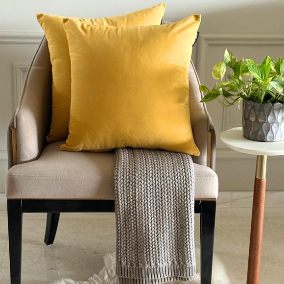 Housses de Coussin de Luxe Jaune Moutarde 12"x12 Pouces / Lot de 2 Housses de Coussin en Velours Uni Moderne / Taies d'Oreiller Unies pour Canapé, Sofa, Chambre et Salon, Décoration Maison Moderne - Velours Jaune Moutarde