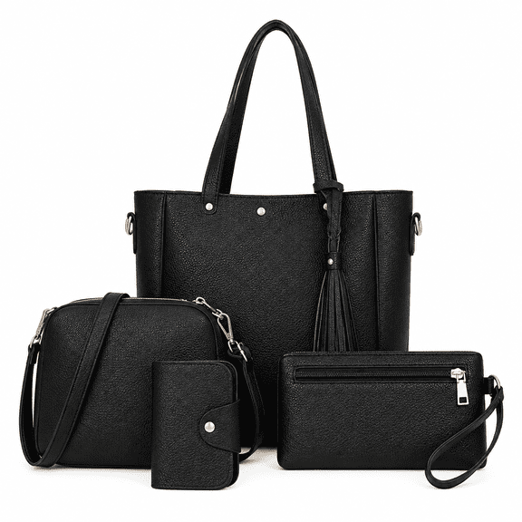 Women's 4-Piece Faux Leather Purse Set, Tote, Shoulder Bag, Wristlet and Card Holder, Black
