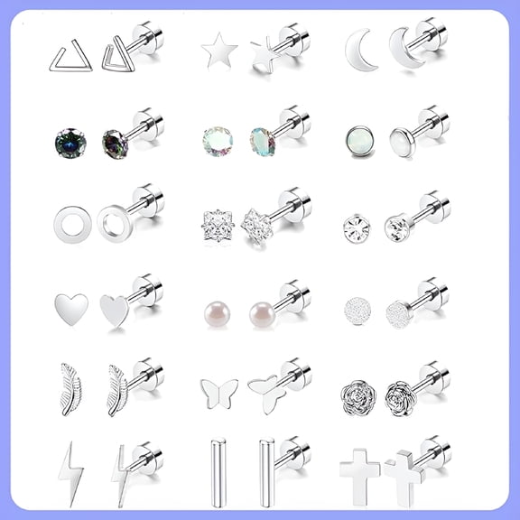 DESIGNICE 18 Pairs Stainless Steel Stud Earrings Set for Women Men Star Moon Flower Heart Leaf Opal 20G Cartilage Earrings Hypoallergenic Flatback Earrings Opal Earrings for Women