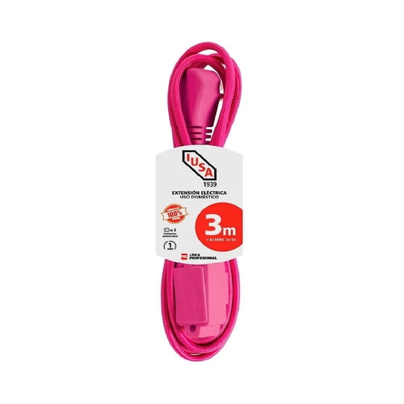 Extensión eléctrica Iusa Tejida De 3 Metros, para uso doméstico,  Color Rosa