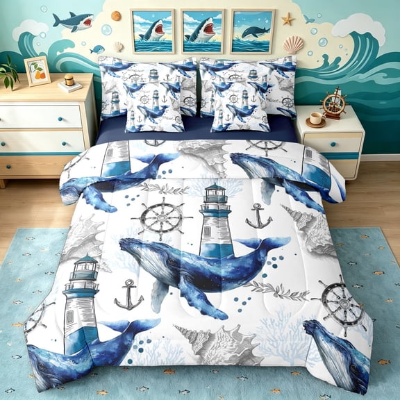 Manfei Marine Whale Twin Bedding, Nautical Anchor Lighthouse Bedding Comforter Set, White Blue, Blue Reversible, 7pcs