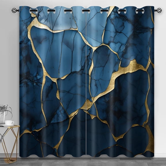 Royal Blue Black Out Curtains, Blue Marble Print Bedroom Drapes, Gold Lines Kids Window Drapes, Window Curtain For Living Room Balcony 42"W x 84"L (Pack of 2)