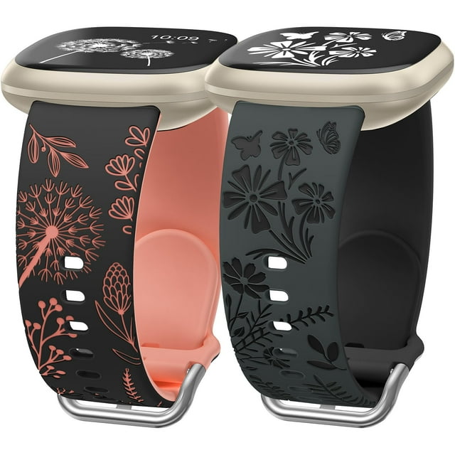 Wearlizer 2 Packs Compatible with Fitbit Versa 4 Bands/Versa 3 Bands/Sense 2 Bands/Sense Bands for Women, Pretty Two-tone Floral Engraved Silicone Straps, Cute Flower Pattern Sport Wristband Bracelets