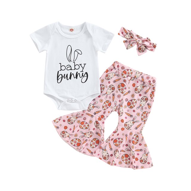 Faithtur Baby Girls Easter Outfit Sets Short Sleeve Letter Print Romper + Rabbit Egg Print Flared Pants + Headband