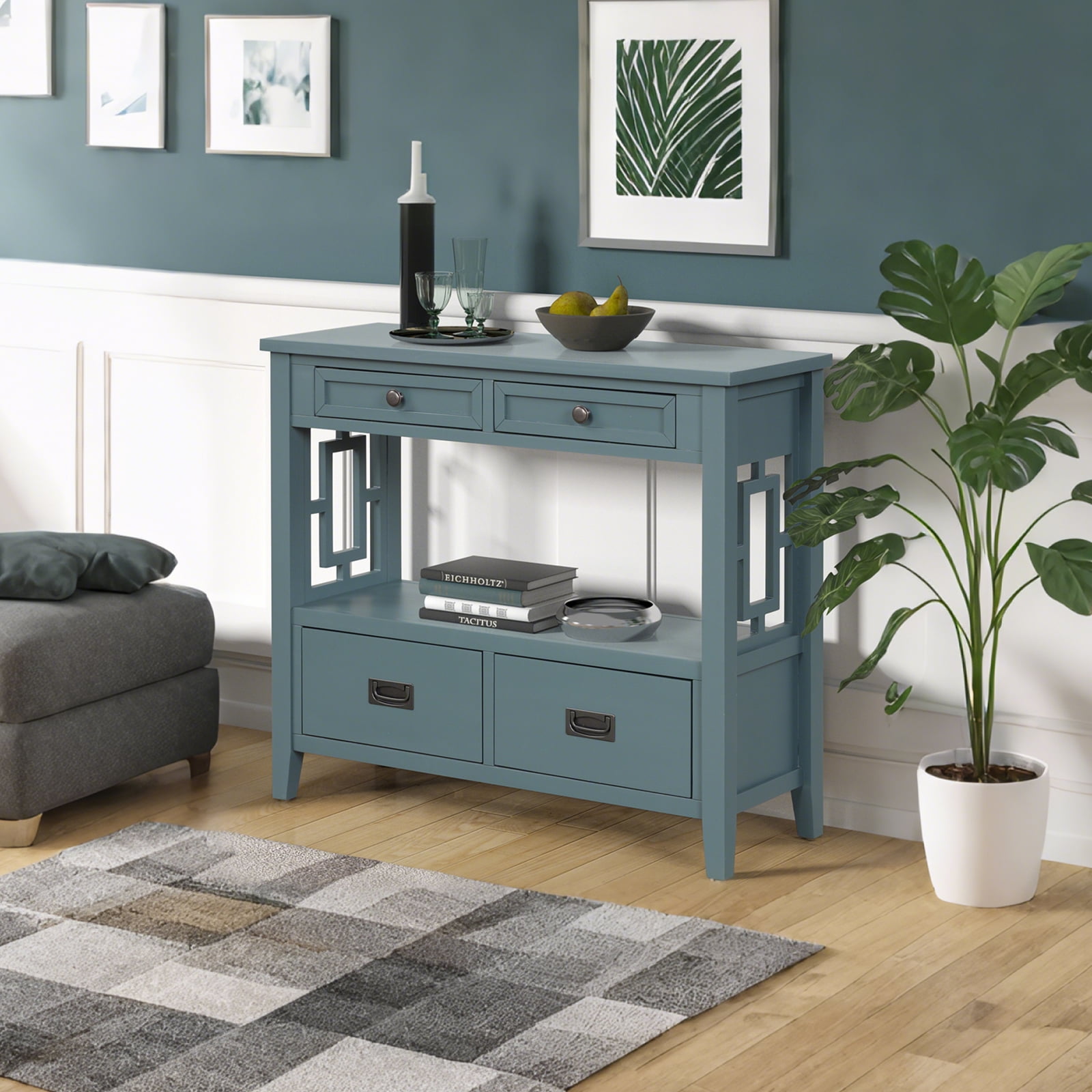 36'' Farmhouse Console Table,Pine Wood Entryway Table with 4 Drawers & 1 Storage Shelf for Entryway Living Room Hallway Kitchen (Blue Green)