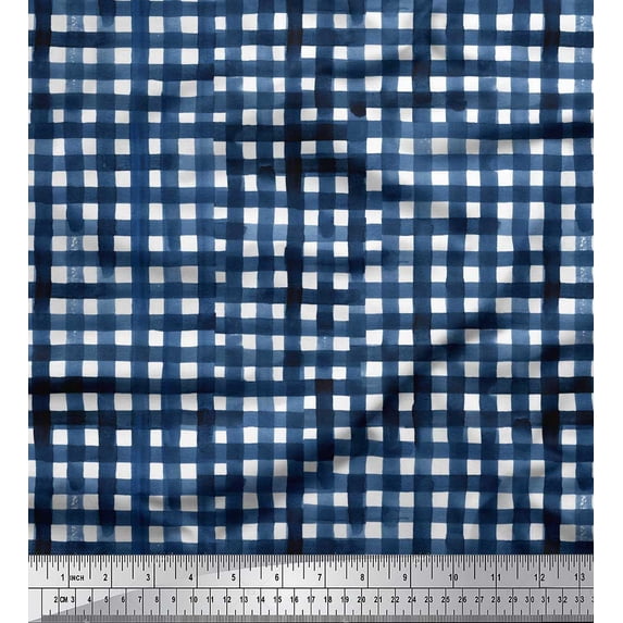 Soimoi Blue Modal Satin Fabric Check Check Print Fabric by the Yard 42 Inch Wide