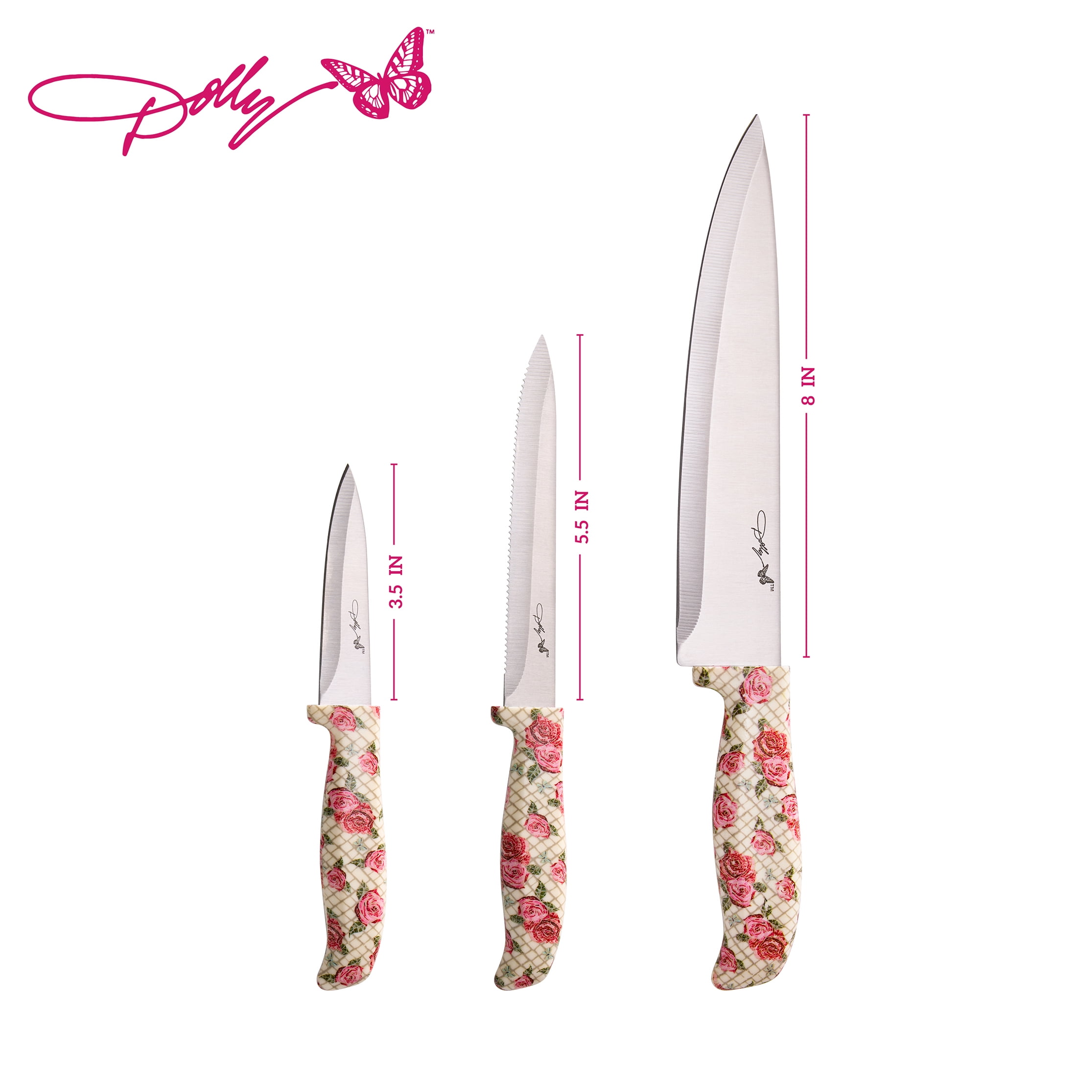 Dolly Parton 3-Piece Chef Knife Set with Rose Pattern Handles for Kitchen Prep