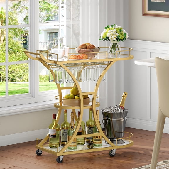 HOOBRO Bar Cart Industrial 3-Tier Glass Shelves Rolling Gold Metal Frame with Stemware Rack