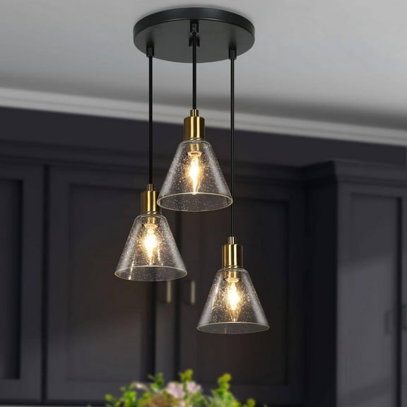 Open Box Uolfin Transitional Kitchen Island Cluster Pendant Light 3-Light Black and Brass Pendant Light with Cone Clear Glass Shades