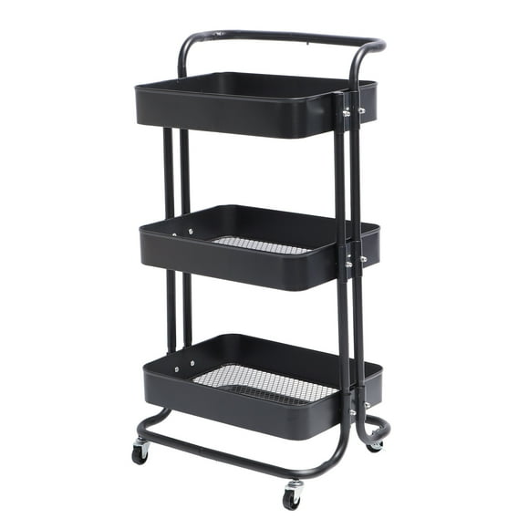 Rolling Utility Cart, Mesh Bottom 360 Rotating Wheels Organizer Trolley  for Kitchen Black