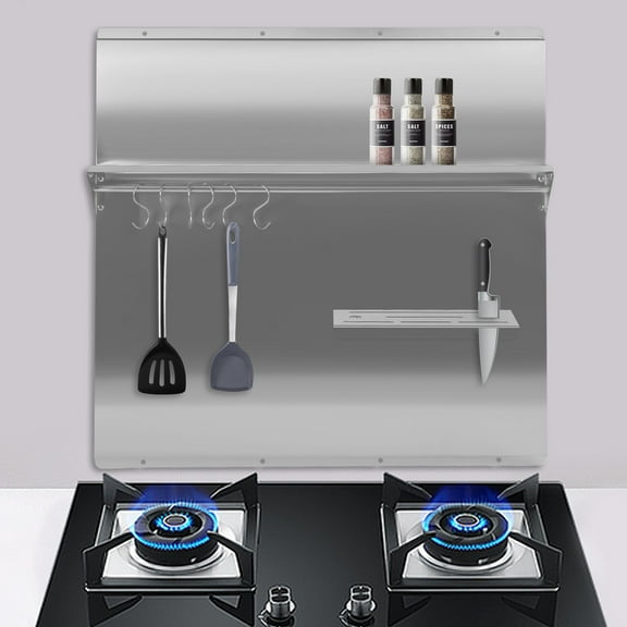 Range Backsplash with Shelf 30 x 30.7 Inch Range Hood Wall Shield, Stainless Steel Backsplash Silver Splash Plate for Range Hood Stainless Backsplash with Built-in Storage Shelf and Hanging Rack