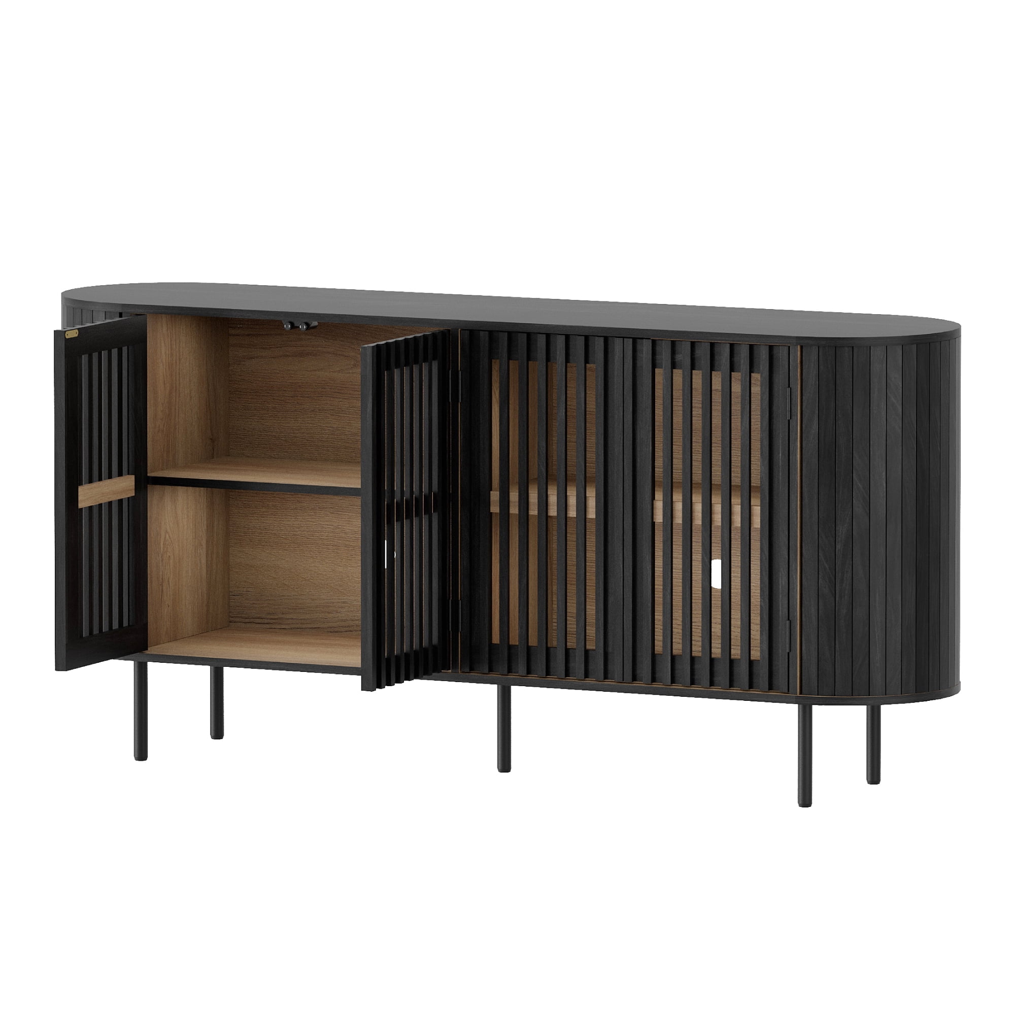WAMPAT Modern Sideboard Buffet Cabinet with Storage, Wooden Accent Storage Cabinet with 4 Fluted Doors, Credenza with Curved Design for Dining Room, Living Room, Kitchen, Black