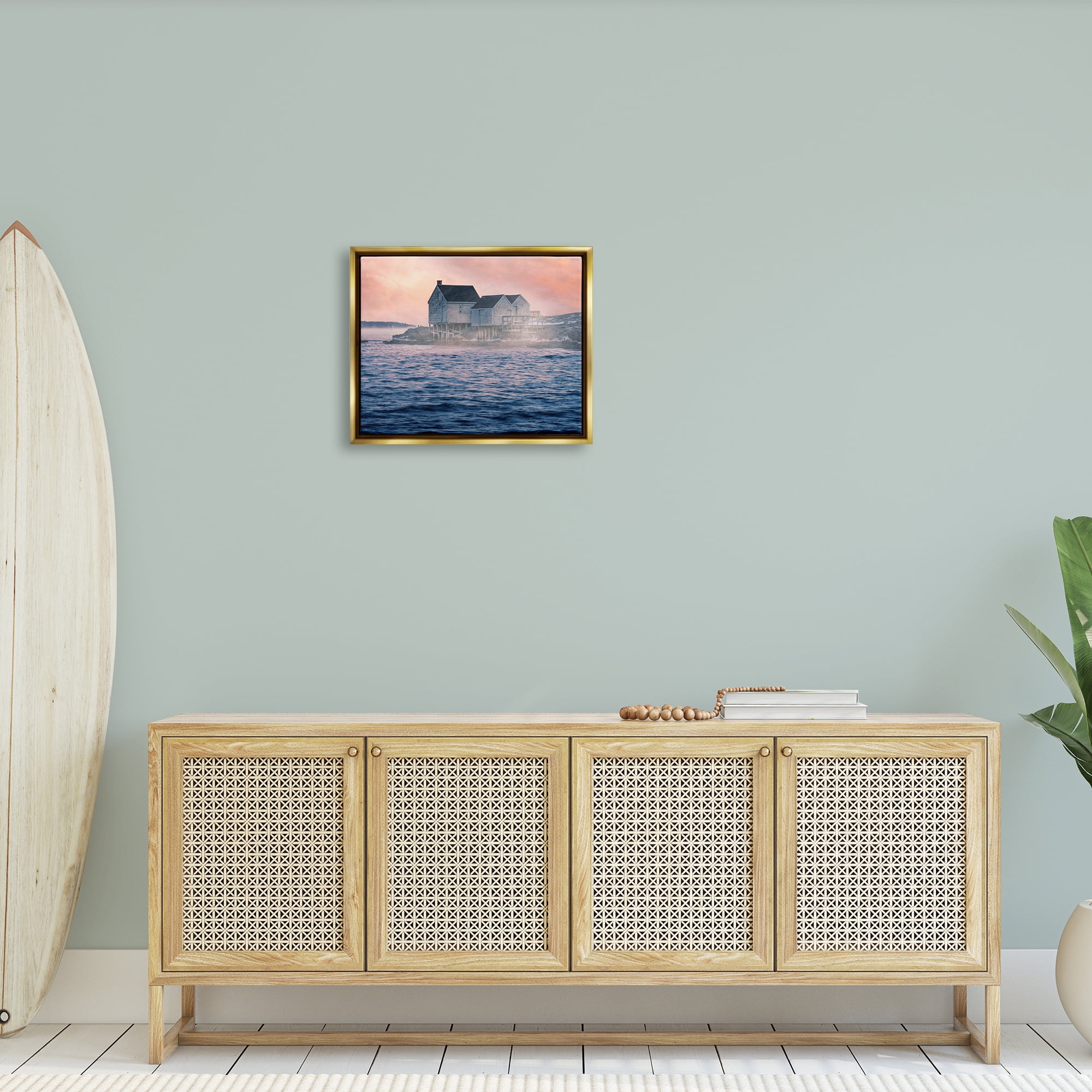 Stupell Coastal Cottage Seaside Ocean Waves Landscape Photography Gold Floater Framed Art Print Wall Art