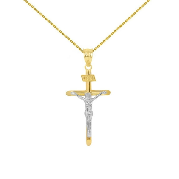 SOLID TWO TONE YELLOW GOLD AND WHITE GOLD INRI CROSS PENDANT NECKLACE ( 1.39") : 14K Pendant with 22" chain