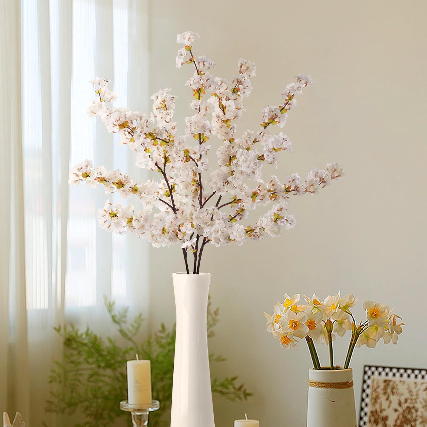 Artificial Cherry Blossom Branches, Faux Fake Plum Flowers Real Touch Boutique Bulk for Home Wedding Office Decoration, 35”Long Stems for Tall Vase (3PCS, White)