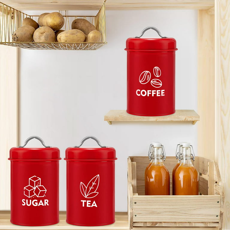 Kitchen Interior At Home Or Small Office Red Tile Wall And White Shelf  Cabinet Doors With Text Labels Glass Jars With Coffee Tea Sugar Plates And  Cups On Dish Rack Different Cooking