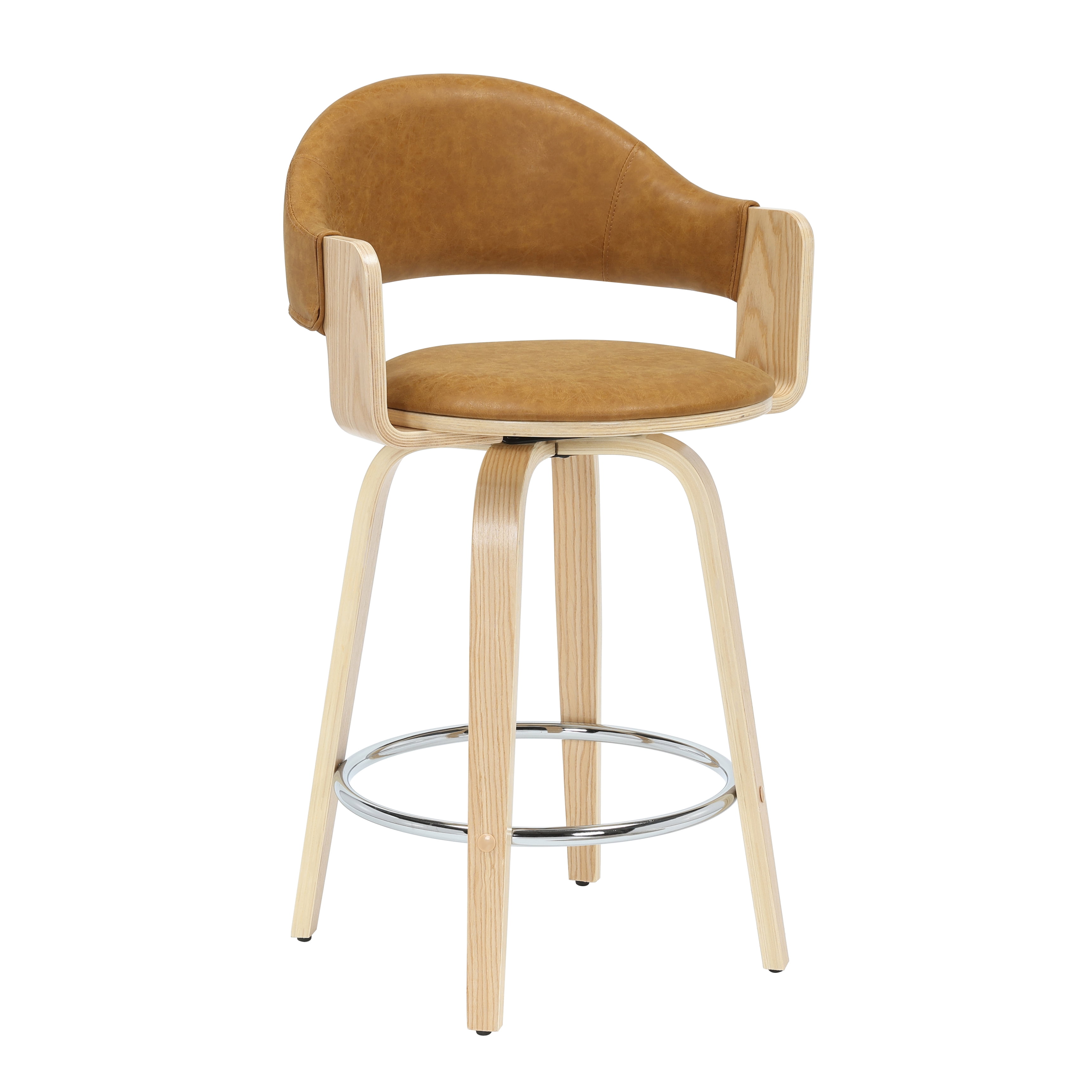 Daxton 36 in. H Swivel Counter Height Camel Round Back Wood Bar Stool with Faux Leather Seat Set of 3