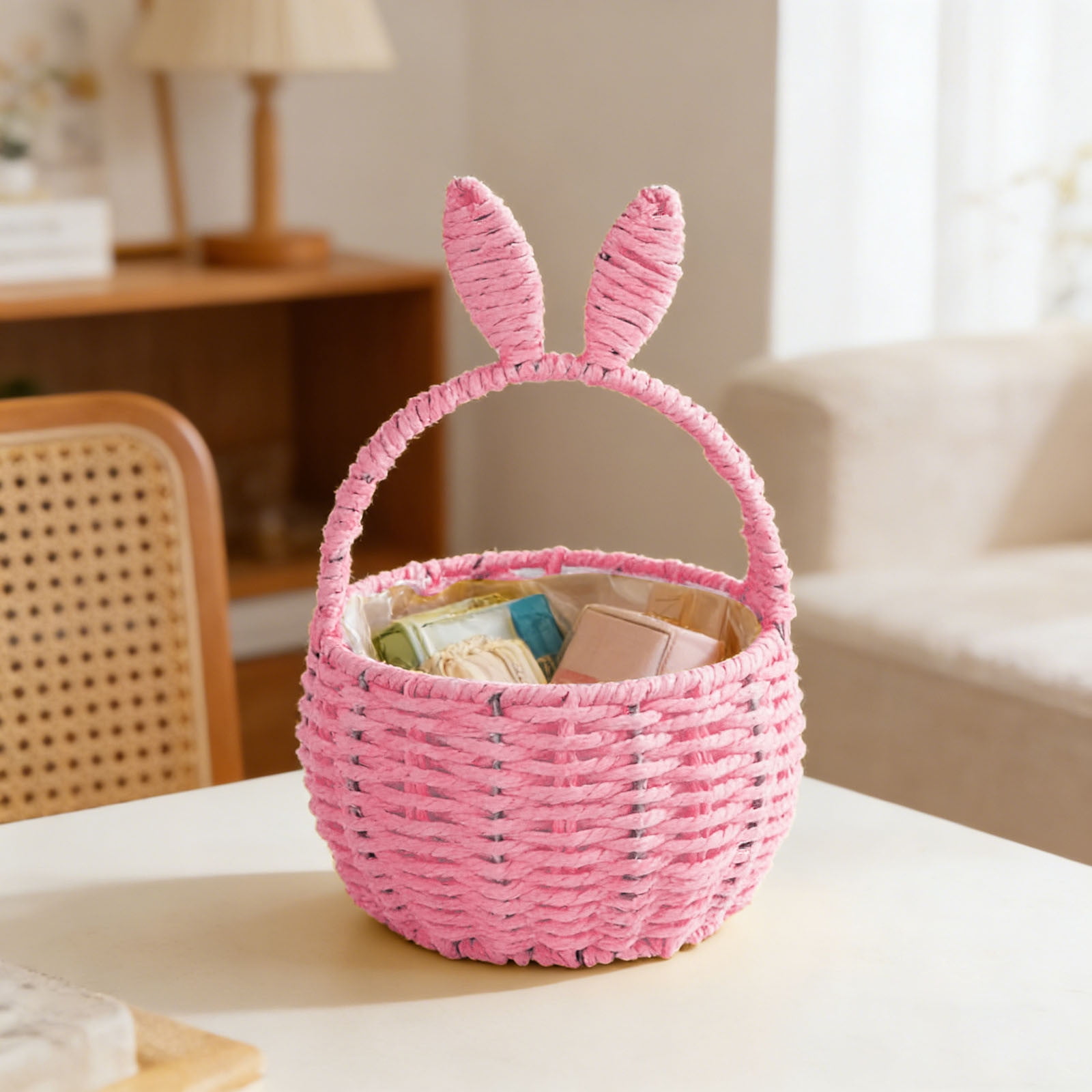 Basket with Handle Easter Bunny Rattan Woven Picnic Baskets with Rabbit Ear Straw Wicker Egg Candy Storage for Egg Party Supplies Gifts (Yellow)