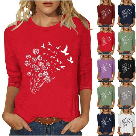 CYMMPU Blouses for Women Dressy Casual Round Neck Spring Tops Flower Pattern Tunic Tops Loose Fit Summer Fashion Shirts 3/4 Sleeve Lightweight Basic T-Shirts Green XXL