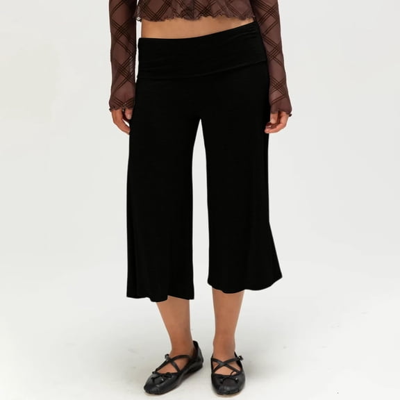 Inglocry Foldover Culottes for Women Low Rise Gauchos Pants Cropped Flowy Flared Wide Leg Palazzo Lounge Yoga Capri Pant Black L