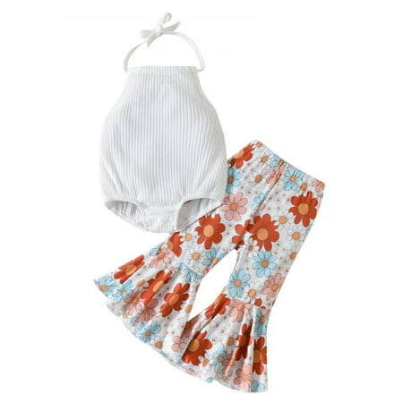 

Xmarks Toddler Baby Girl Jumpsuit Romper Boho Overalls Bell-Bottom Pants Baby Girl Clothes 2 Pieces White 18-24M