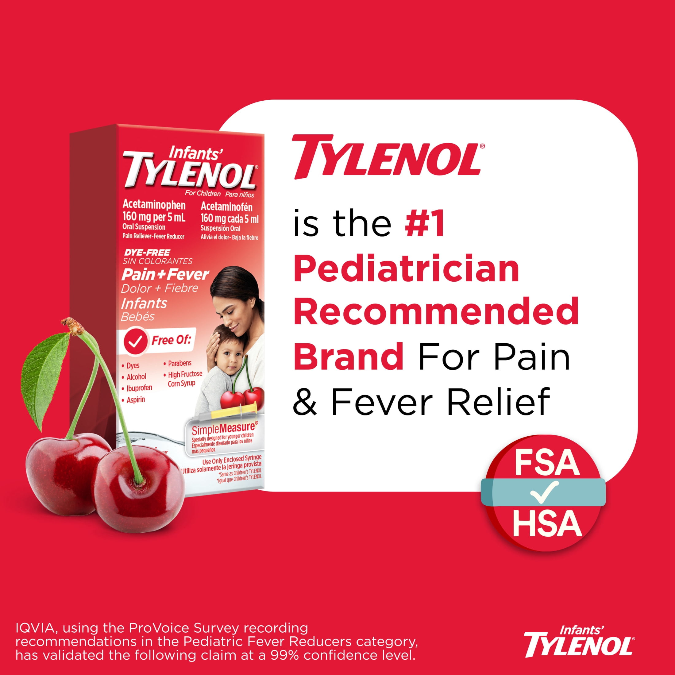 Infants’ Tylenol, Oral Suspension, Pain Reliever, Fever Reducer, No Alcohol, Cherry Flavor, 2 Fl oz