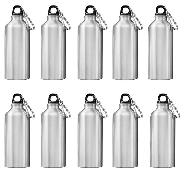 INTSUPERMAI 10pcs 600ml Aluminum Water Bottles Silver with Carabiner Hook for Sublimation Transfer Printing
