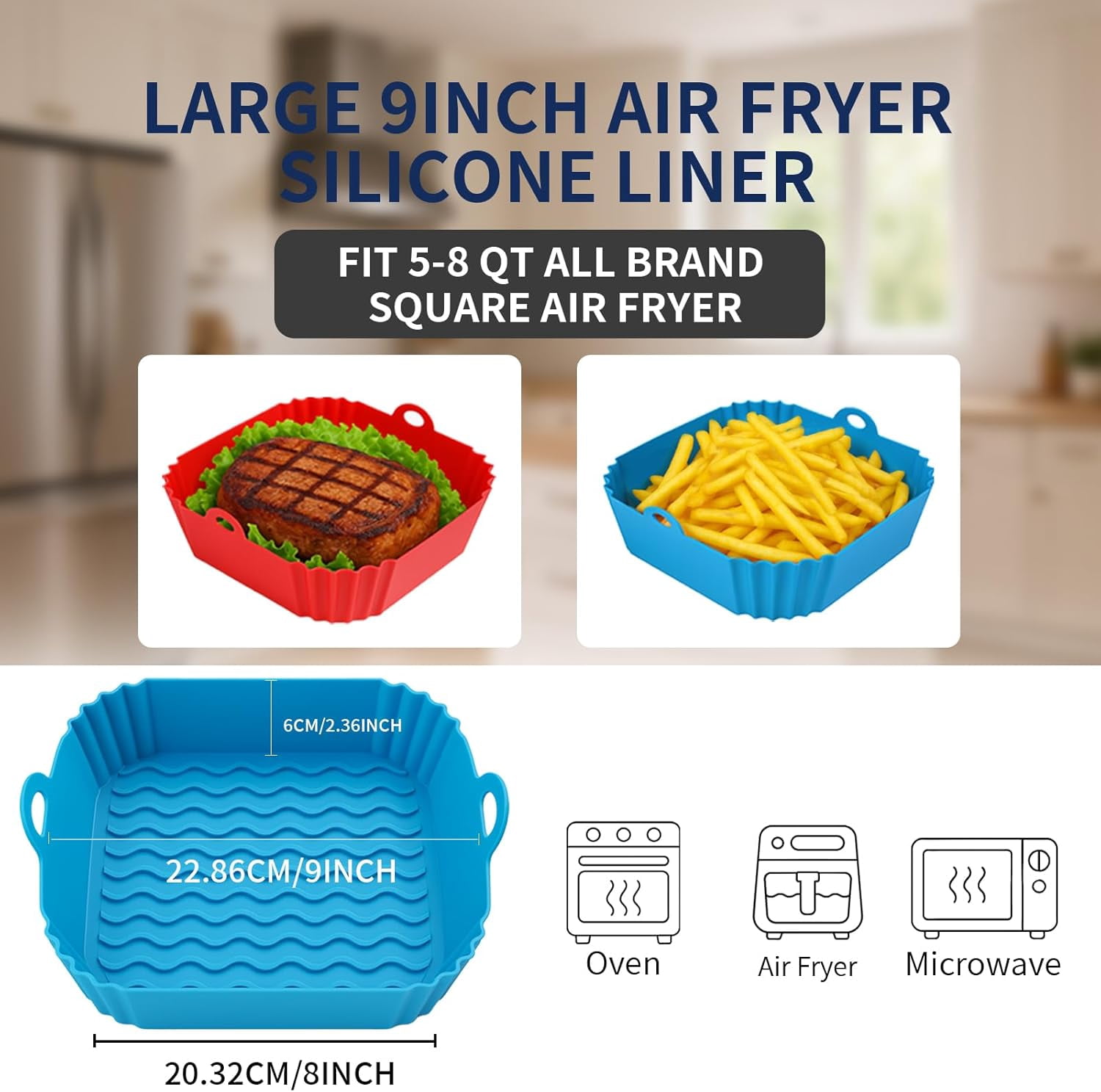 JJEAN-9 Inch Large Air Fryer Silicone Liners - 2 PCS Square Reusable AirFryer Basket Liners for 5-8QT Air fryer, Air fryer Accessories for Baking Roasting Microwave (Red + Blue)