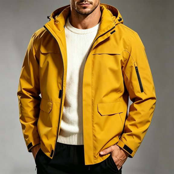 Yuaguia Men's Windproof Breathable Hiking Jacket, Casual Waterproof Spring Fall Outdoor Coat, Lightweight Raglan Sleeve Zip Up Windbreaker, Outerwear for Mountain Travel Daily Wear, Saffron L