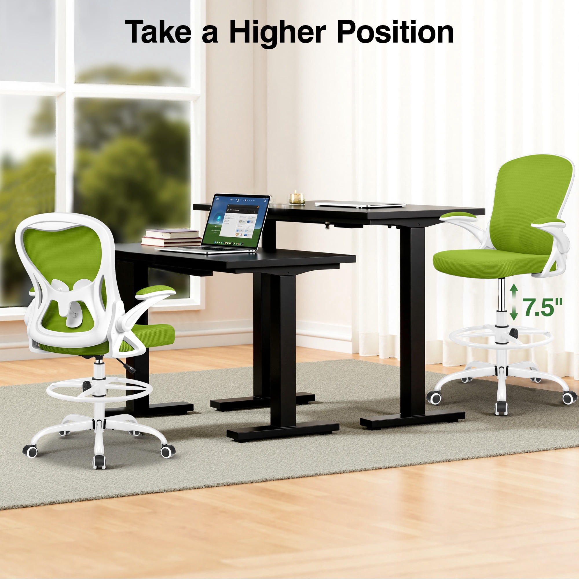 ATHOPE Ergonomic Office Chair, Mesh Desk Chair with Lumbar Support, Tall Office Chair with Flip-Up Armrests and Footrest Ring, Adjustable Computer Chair for Standing Desk Home Office, Green