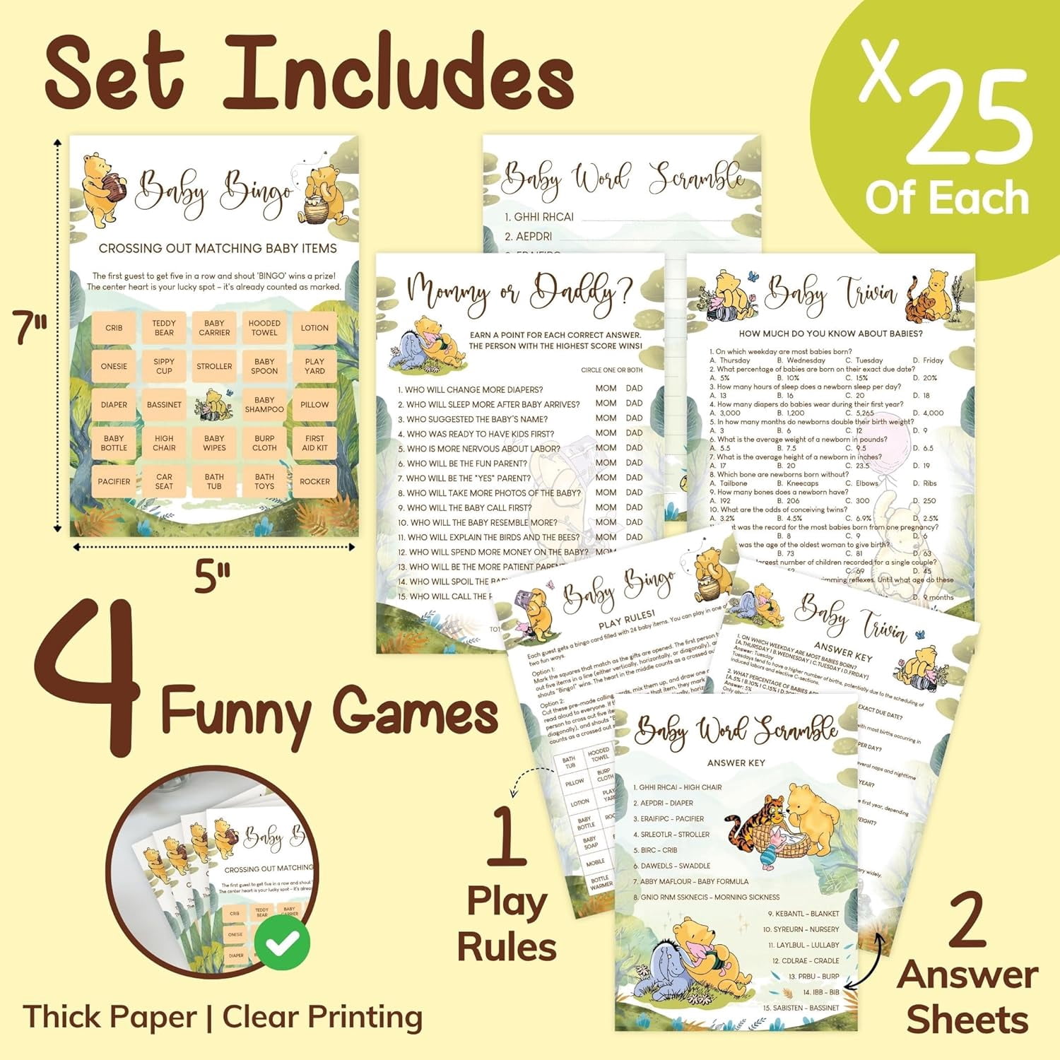 Winnie Baby Shower Games Boy - Pooh Baby Shower Bingo Cards for 25 Guests, Word Scramble Guess Who Mommy Or Daddy Game Ideas for Party Decorations