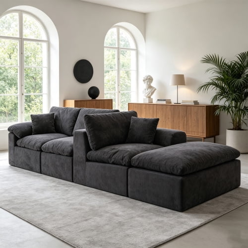 102.3" Modular Sectional Sofa, L-Shape Cloud Couch with Movable Ottoman, Comfy Chenille Deep Seat Sofa with Soft Pillows for Living Room Apartment, Black