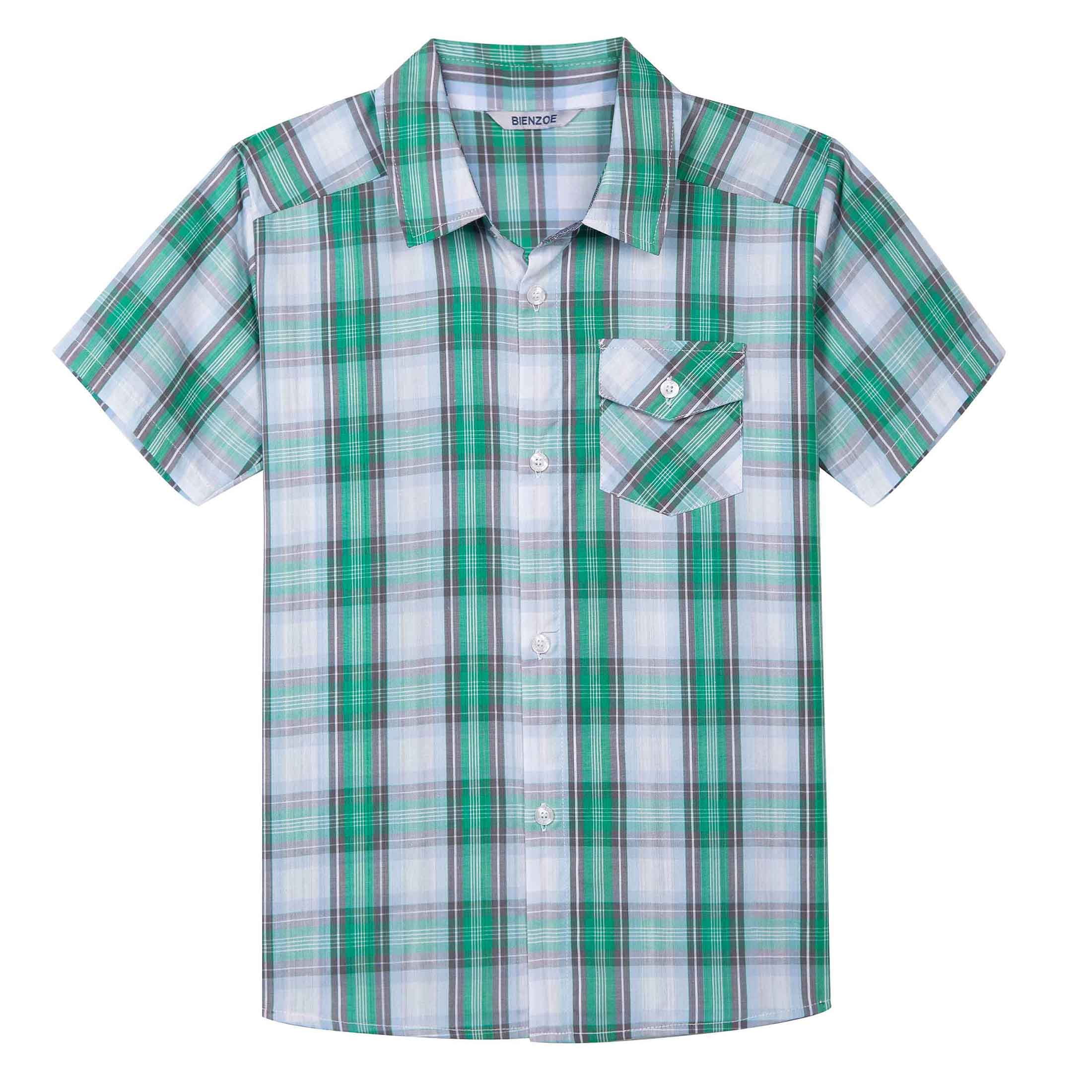 Bienzoe Boy's Cotton Plaid Button Down Short Sleeve Shirt Green/Grey 9/ ...