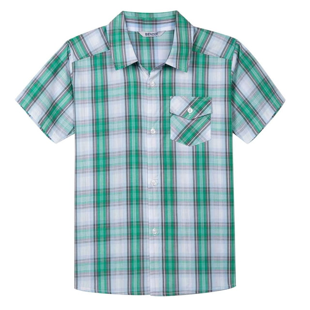 Bienzoe Chemise à Carreaux en Coton à Manches Courtes Boutonnée pour Garçon Vert/gris 7/8