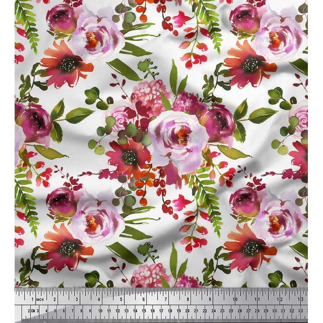 Soimoi White polyester Crepe Fabric Leaves & Peony Floral Decor Fabric Printed Yard 52 Inch Wide