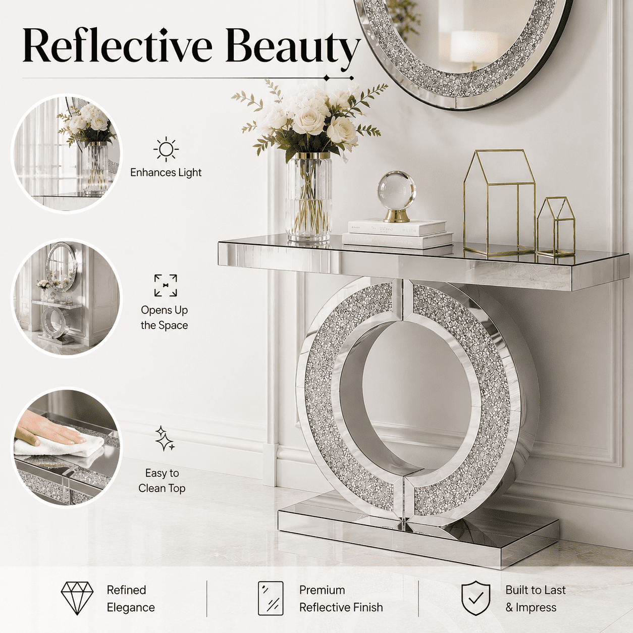 Aukfa 43" Mirrored Console Table, O-Shaped Crystal Inlay Entryway Table with Beveled Edges,Silver
