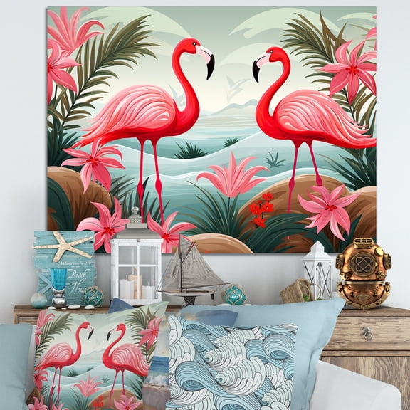 Designart "Flamingo Dance Amidst Tropical Colors II" Animals Wall Art - Modern Farmhouse Pink Flamingo Hallway Wall Art Decor