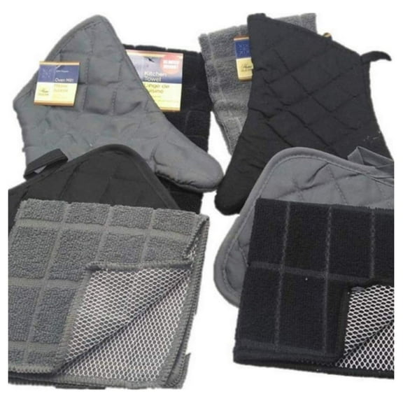 Kitchen Towel Set 8 Piece - Oven Mitts and Potholders - Black & Gray Linen Kitchen Decor - Heat Resistant Potholder, Dishcloth, Scrubber, Oven Mitt Set