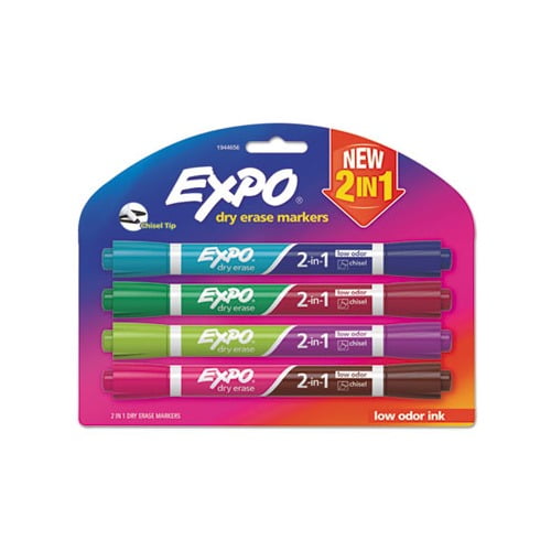 2-in-1 Dry Erase Markers Broad/Fine Chisel Tip, Assorted Colors, 4/Pack