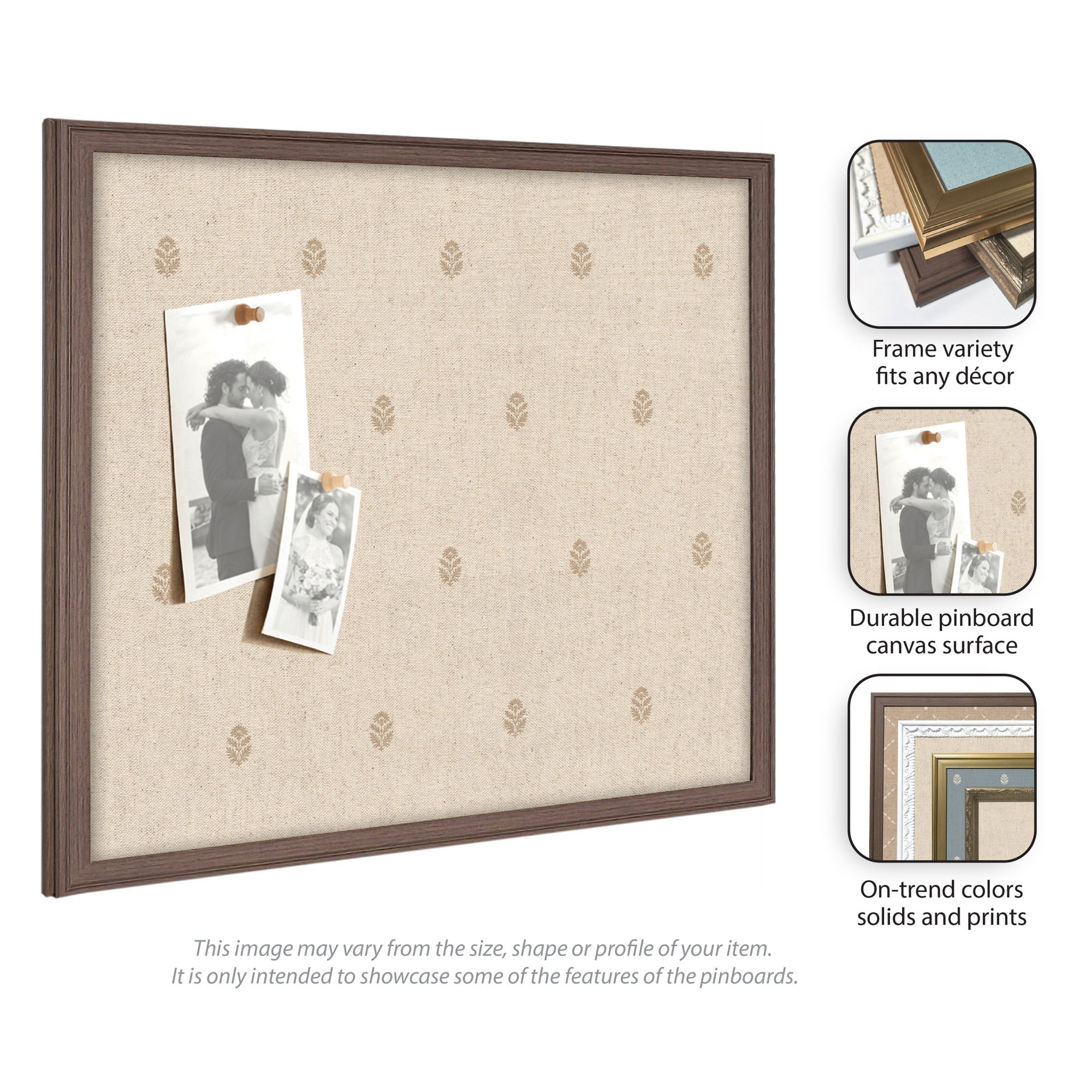Kate and Laurel Framed Fabric Pinboard 26 x 20, Beige Botanical Block Print Printed Linen Classic Bulletin Board for Use as a Vision Board or Wall Organization, Florence Medium Brown Frame