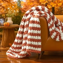 Chunky Knit Throw Blanket for Couch, Soft Chenille Crochet Blanket for Sofa, 50"x60", Burnt Orange & White Striped