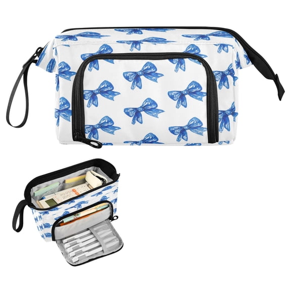Nylon Fish Mouth Pencil Case with Large Capacity Zipper Pencil Pouch Blue Bows Pattern Pencil Bag Organizers