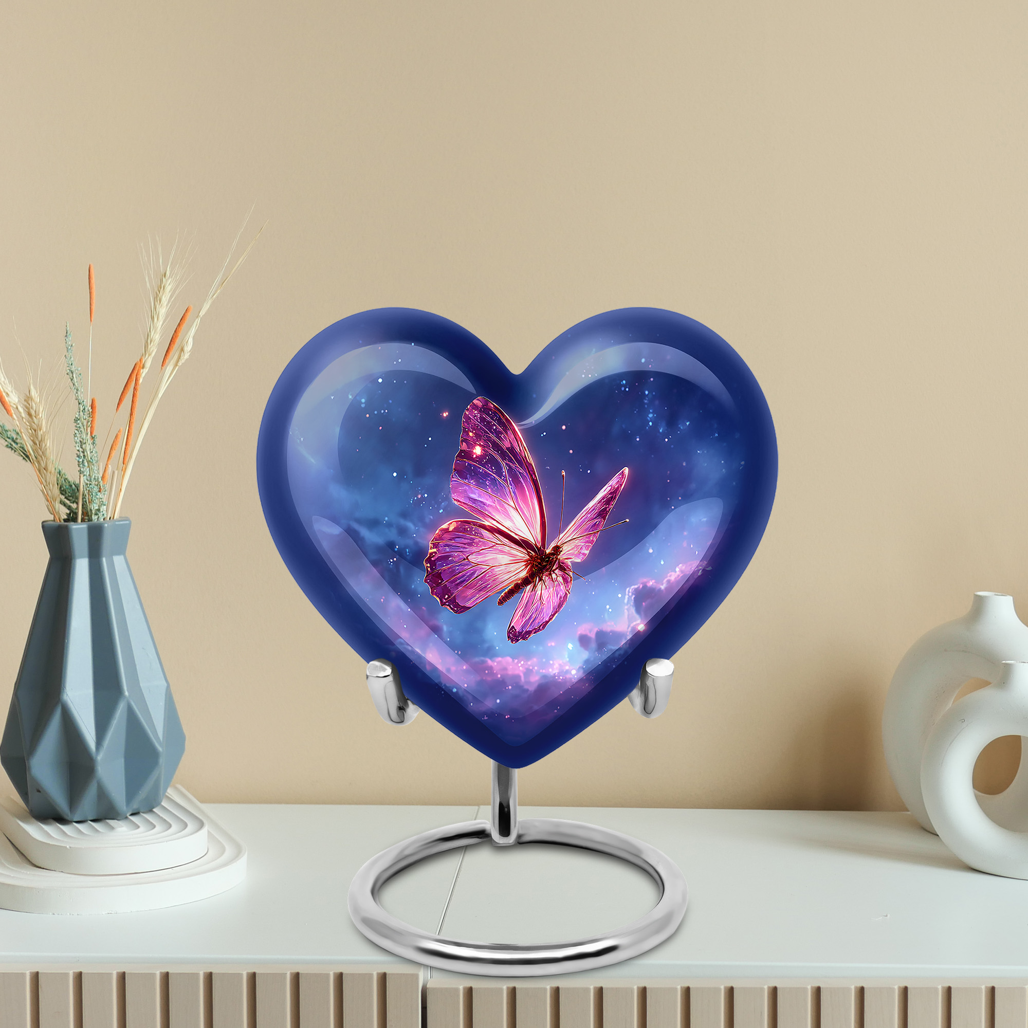 MUKTIVE Butterfly Keepsake Urns for Adult Ashes, Memorial Blue Cremation Urns for Women & Men, Stars Decorative Mini Heart Urn for Ashes Mother & Father, 3 Inch