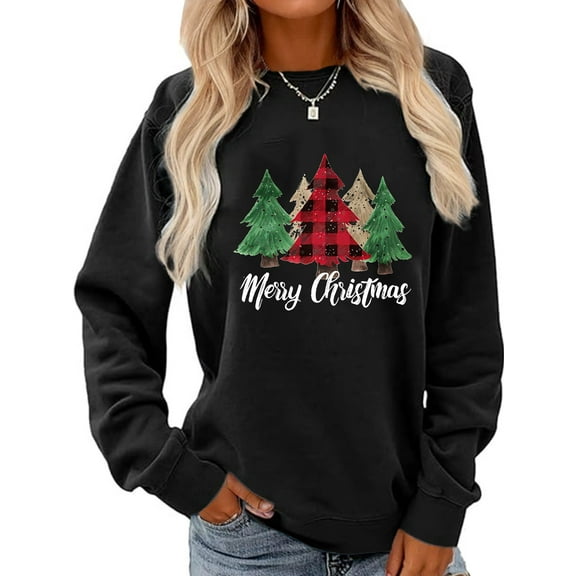Merry Christmas Sweatshirt Women Christmas Tree Graphic Casual Long Sleeve Holiday Top