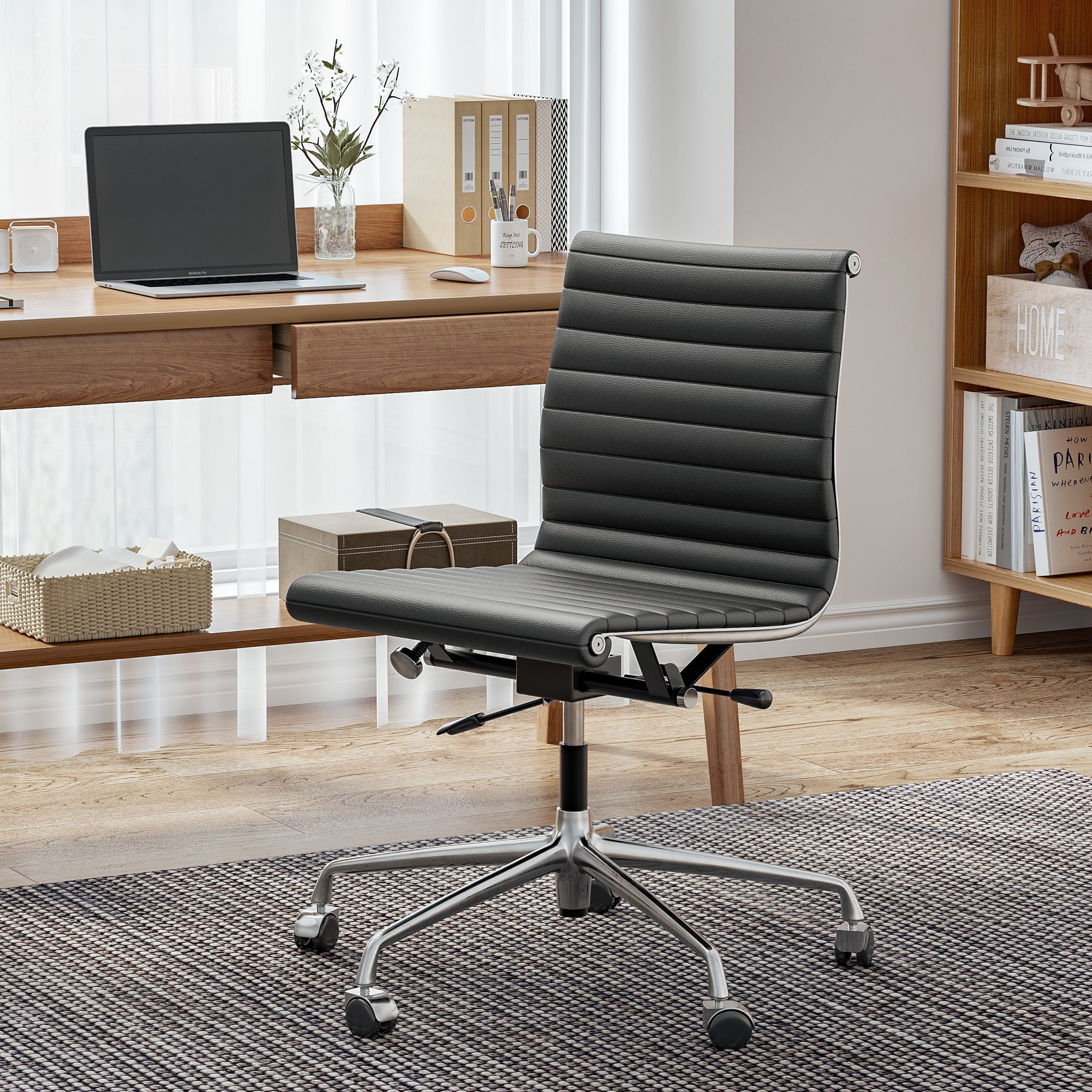 Raffle Pinker Ribbed Genuine Leather Office Desk Chair Mid Back Armless Executive Conference Room Chair Adjustable Computer Chair Swivel Chair for Home Office, Black