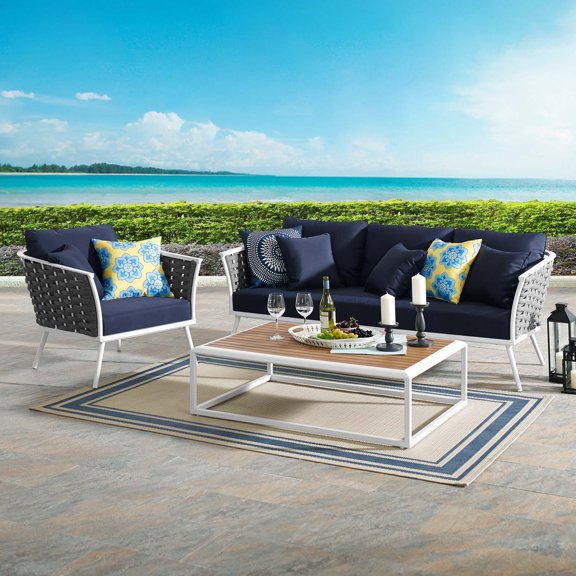 Modway Stance 3-Piece Aluminum & Fabric Patio Sofa Set in White & Navy
